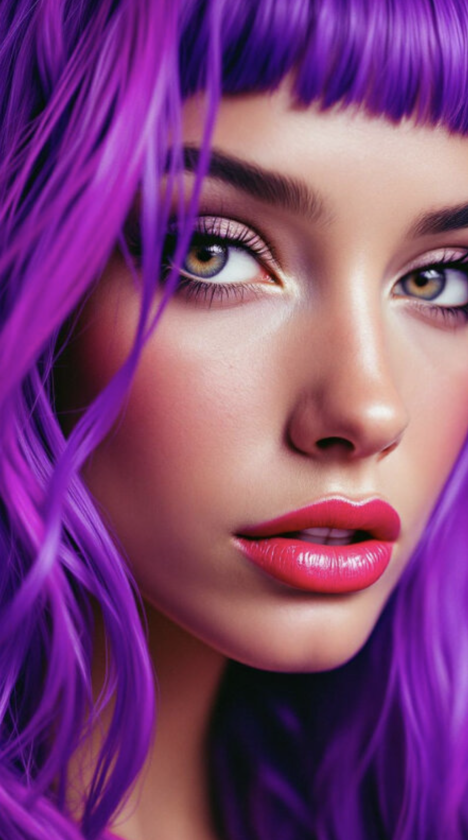 Purple-haired adult AI character portrait